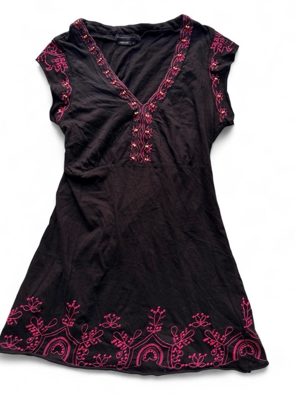 BCBG Babydoll Dress with Beads + Pink Embroidery